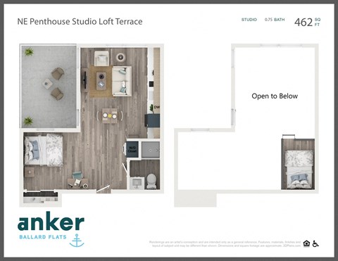 Floor plan for studio, 1 bath, 462 sqft